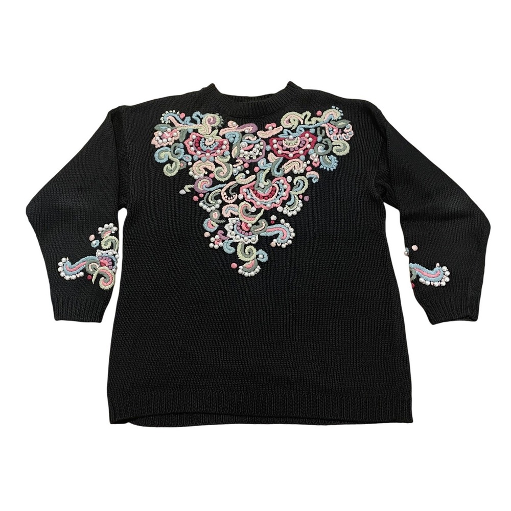 Vintage Sweater Rebecca‎ Stone Black Pearl Embroidered Floral 90s Large